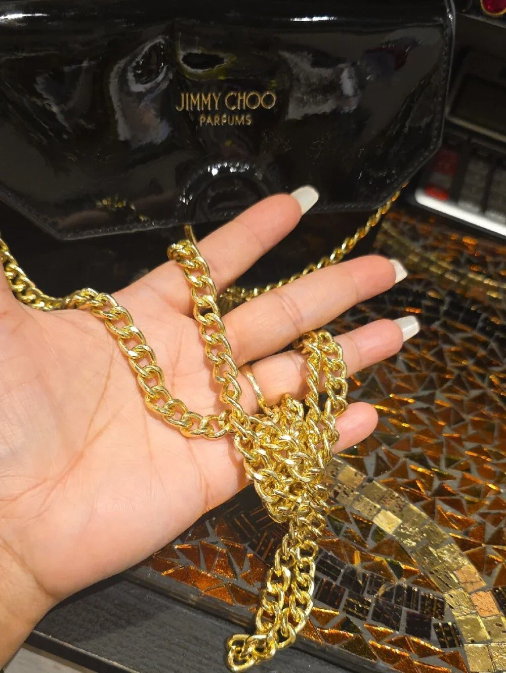 Jimmy Choo Black Patent Leather Crossbody with Gold Ring Tassel